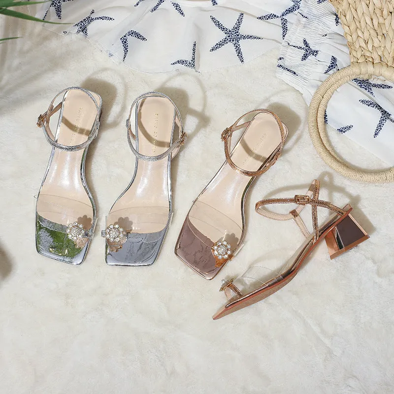 Nude Block Heels Closed Toe Sandals Summer High Heels Open Toe Casual Fashion